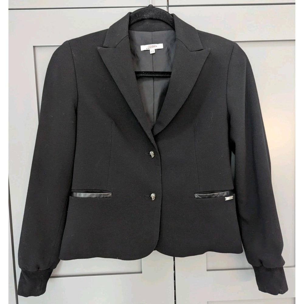Junior Gaultier Kids Size 12a Two Button Blazer Jacket Black Leather Trim Skulls